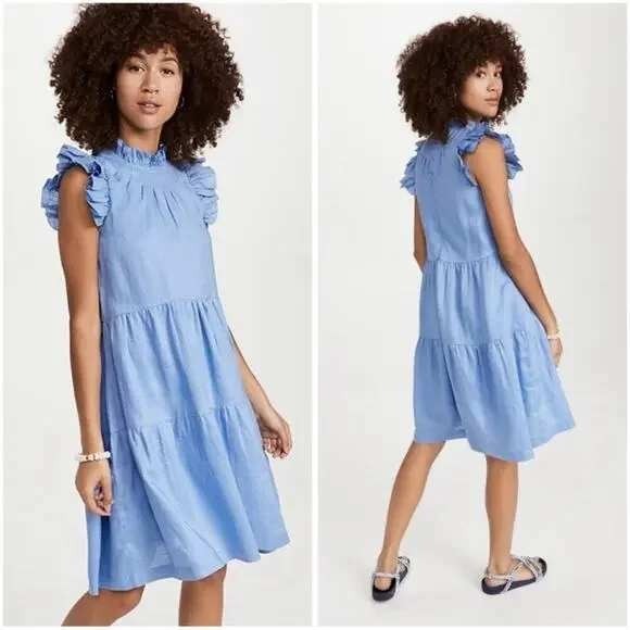 Sea NY Waverly dress size M blue linen blend ruffle sleeve tiered mini $425‎ - Picture 2 of 8